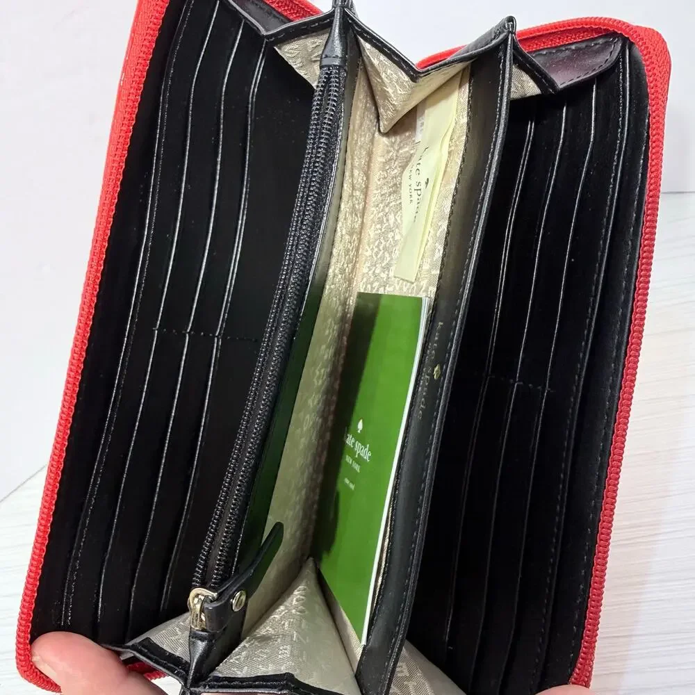 Kate Spade Red Patent Leather Embossed Spade and Circle Motif Full Zip Wallet